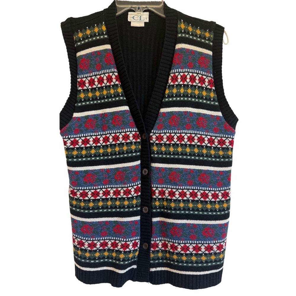 Cricket Lane Vintage Knit Floral Fair Isle Sweater Vest Black Medium Made in USA